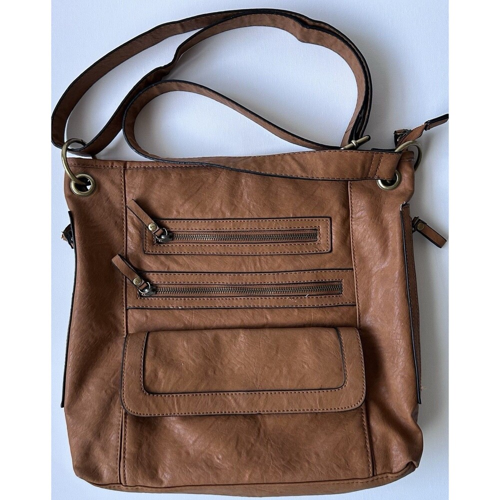 Vintage Y2K GAL Brown Faux Leather Hobo Crossbody Bag Slouchy Multi Zip
